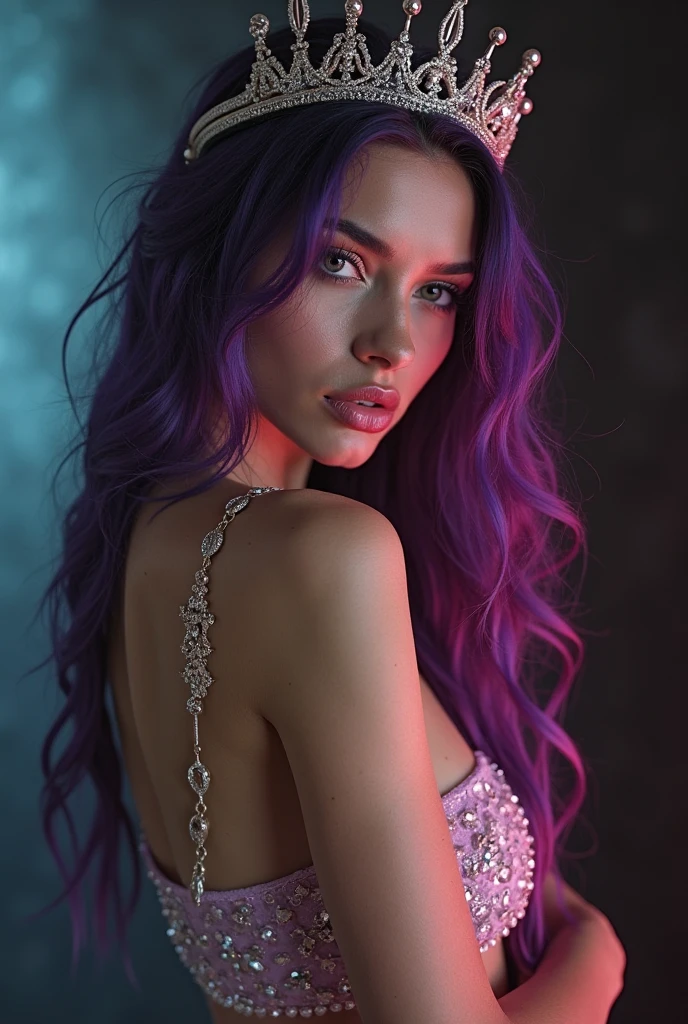 A beautiful girl with purple hair, provocative clothing, sensual pose, extremely detailed face and eyes, detailed lips, long eyelashes, (best quality,8k,highres,masterpiece:1.2),ultra-detailed,(realistic,photorealistic,photo-realistic:1.37),chiaroscuro lighting,dramatic colors,elegant,cinematic,moody atmosphere,dramatic lighting