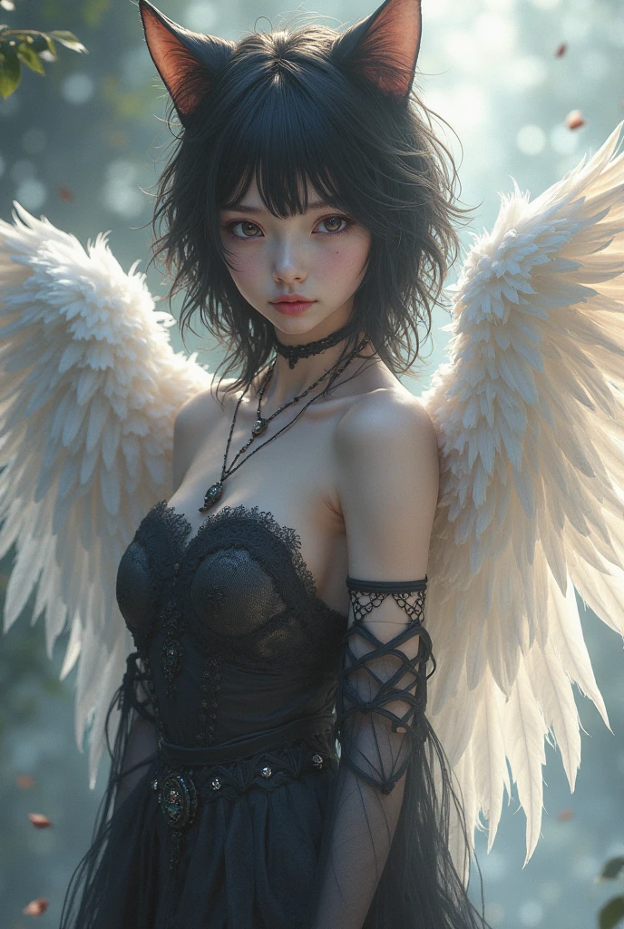 Photorealistic, Realistic, RAW, DETAILED, Ultra detailed, 8K, 1girl, standing, cowboy shot, holding flower, short messy hair, full bangs, (goth dress:1.2), leather corset, puffy sleeves, stockings, straps,(Angel wings:1.5) ,(glowing angel halo:1.3), chaotic background, dim light, spot light, professional lighting, depth of field, spot light to subject, rim lighting, dramatic lighting, white eyes, <lora:nwsjmajic-05:0.6>