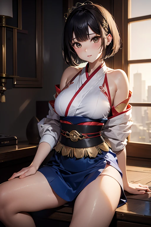 ​masterpiece, top-quality, hight resolution,masutepiece、1girl in, brown haired, length hair, bangss, Brown-eyed,well balanced large breasts、cowboy  shot、Blue cheongsam、Deep slit、Chinatown、sit a chair、cross one's legs、pantyshot、White panty