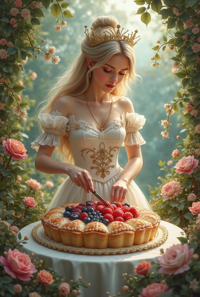 The goddess Aphrodite eating dessert from a golden cup, surrounded by delicacies and things of gold 
