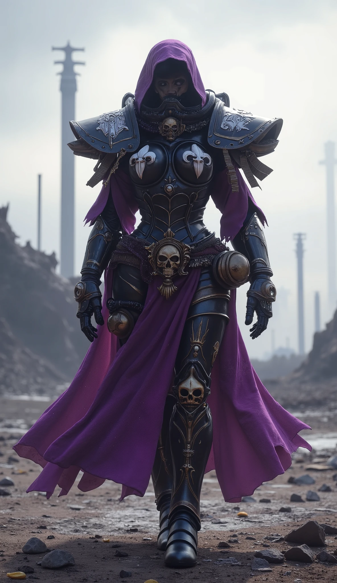 Uzi from Murderdrones and Warhammer 40k Sister of Battle hybrid character in purple/black/white armor colors, a deep hood on head.