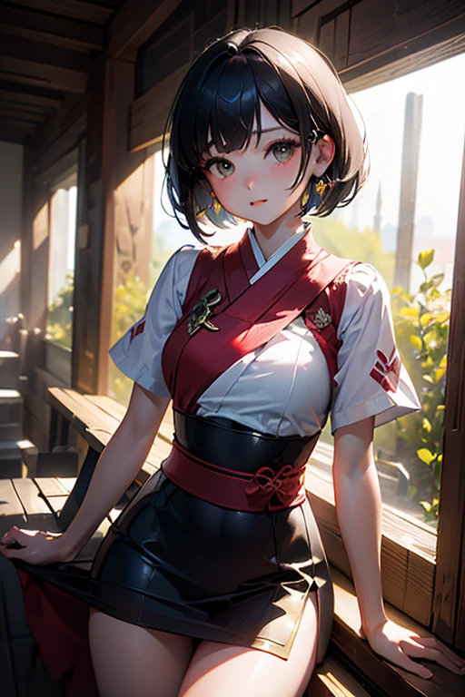 young girl 15 years old, short silver bob hair, hair flower, sharp bangs between the eyes, yellow  eyes, eyes large, dominant look, cold stare, somewhat angry expression, pointing at the camera. traditional chinese imperial clothes black with gold details, red skirt, black thigh high socks. medium breasts, slenderbody. On your knees on the bed, kneeling. Viewpoint from below, view from below. in a Japanese room, at night, with full moon in the background, light reflecting on the sexy and sweaty body. (((sweat)))