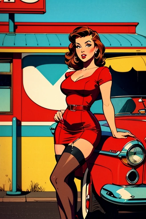Ariana Grande, ponytail, beautiful_face, detailed_face, 50s, 50s, pin-up, leaning on a ford_mustang, full_body