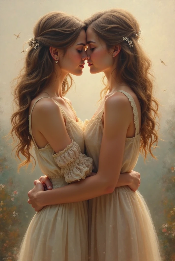 (masterpiece, best quality:1.5), oil painting by Leonardo da Vinci and Alfons Maria Mucha, (perfect anatomy:1.2), two gorgeous and stunning pale-skinned young pregnant goddesses is deeply in love with each other, kiss, fantastic make-up, jewelry, flower