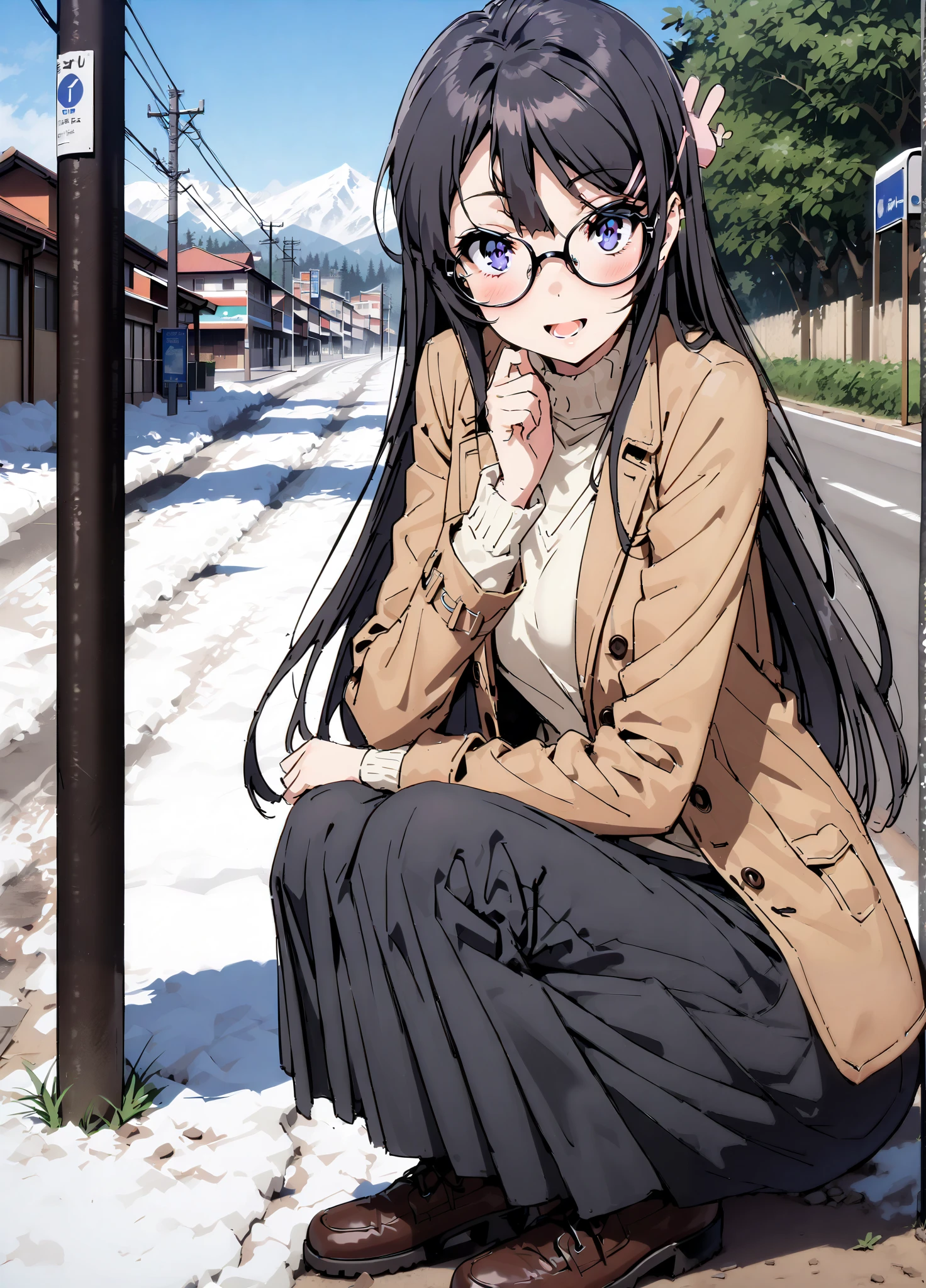 household, Mai Sakurajima , long hair, bungs,   black hair,Alone, hair accessories, purple eyes, hair clip for hair, rabbit hair accessories,smile,blush,open your mouth,Glasses, duffle coat,(sweater  :1.2),( turtleneck on acher:1.2),long skirt,long skirt,Black Pantyhose,boots,snow,winter,Standing residential area,Beautiful cityscape,,full bodyがイラストに入るように,
break looking at viewer,full body,
break outdoors, bus stop,
break (masterpiece:1.2),top quality , kampala, Unity 8K Wallpaper ,(shape:0.8),(  fine, beautiful eyes  :1.6),It's a person ,full body写真,CG Details , (perfect hands with full nudity, complete anatomy),