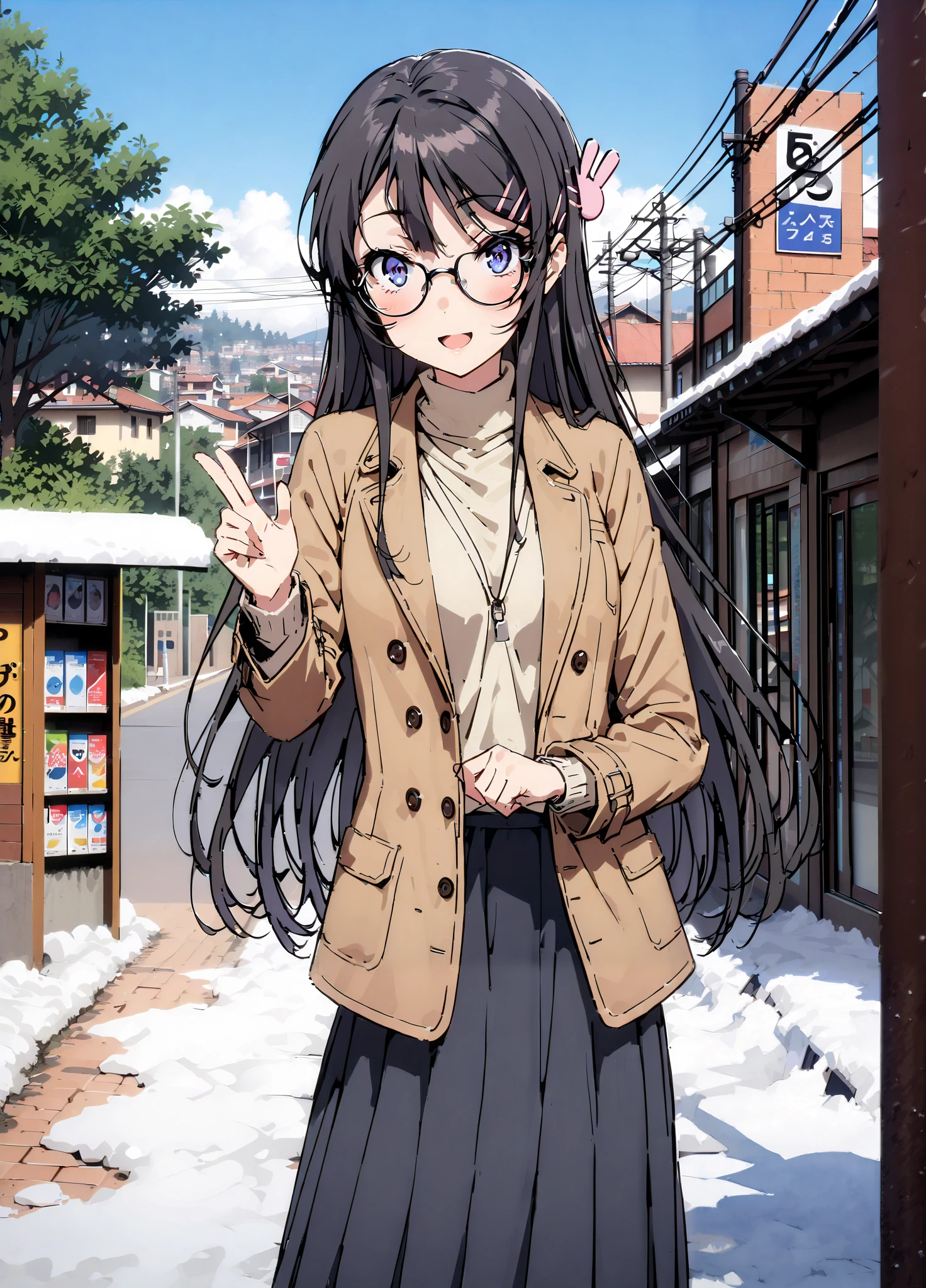 household, Mai Sakurajima , long hair, bungs, black hair,Alone, hair accessories, purple eyes, hair clip for hair, rabbit hair accessories,smile,blush,open your mouth,Glasses, duffle coat,(sweater :1.2),( turtleneck on acher:1.2),long skirt,long skirt,Black Pantyhose,boots,snow,winter,Standing residential area,Beautiful cityscape,,full bodyがイラストに入るように,
break looking at viewer,full body,
break outdoors, bus stop,
break (masterpiece:1.2),top quality , kampala, Unity 8K Wallpaper ,(shape:0.8),( fine, beautiful eyes :1.6),It's a person ,full body写真,CG Details , (perfect hands with full nudity, complete anatomy),