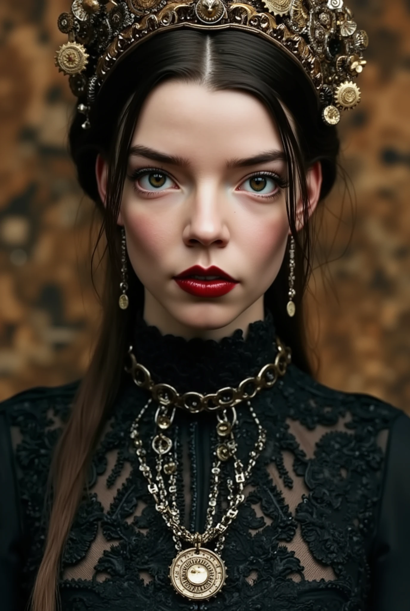 A 3D render of a hauntingly realistic portrayal best quality, highres, 4k, 8k, amazing quality, Photo full portrait of photo real. steampunk woman. steampunk background. “full body portrait