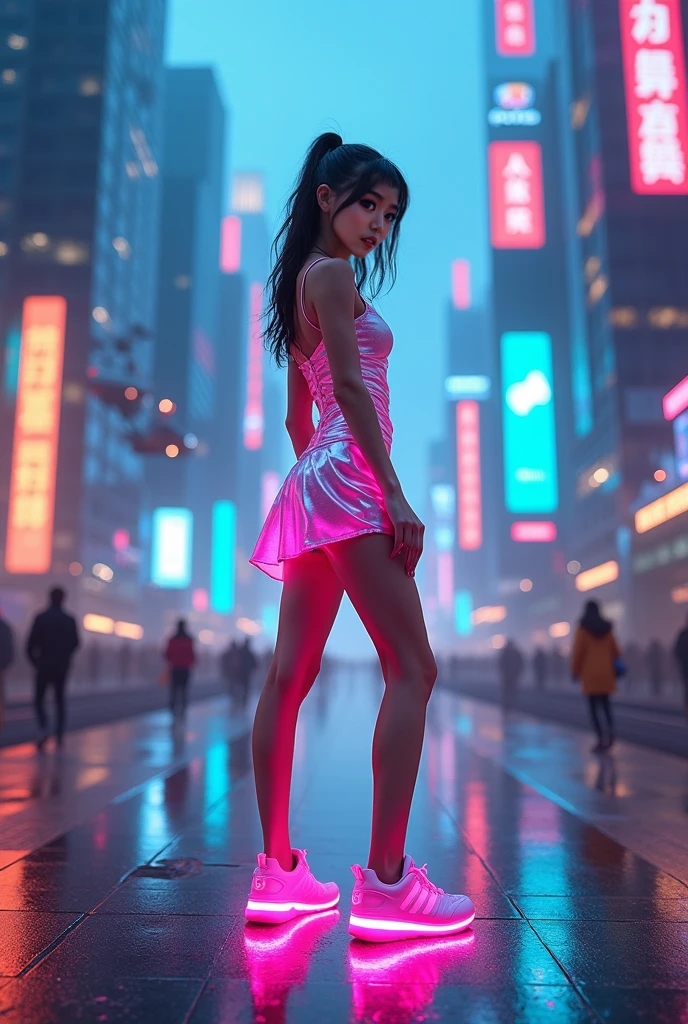 Anime girl with iridescent stiletto high heels and thigh iridescent skirt in a ciberpunk city