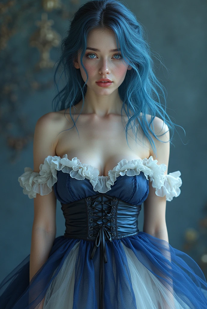 An elegant woman with dress, blue hair, white skin, cleavage. She is posing. Her outfit is adorned with gold embroidery. A masterpiece in 8K ultra.