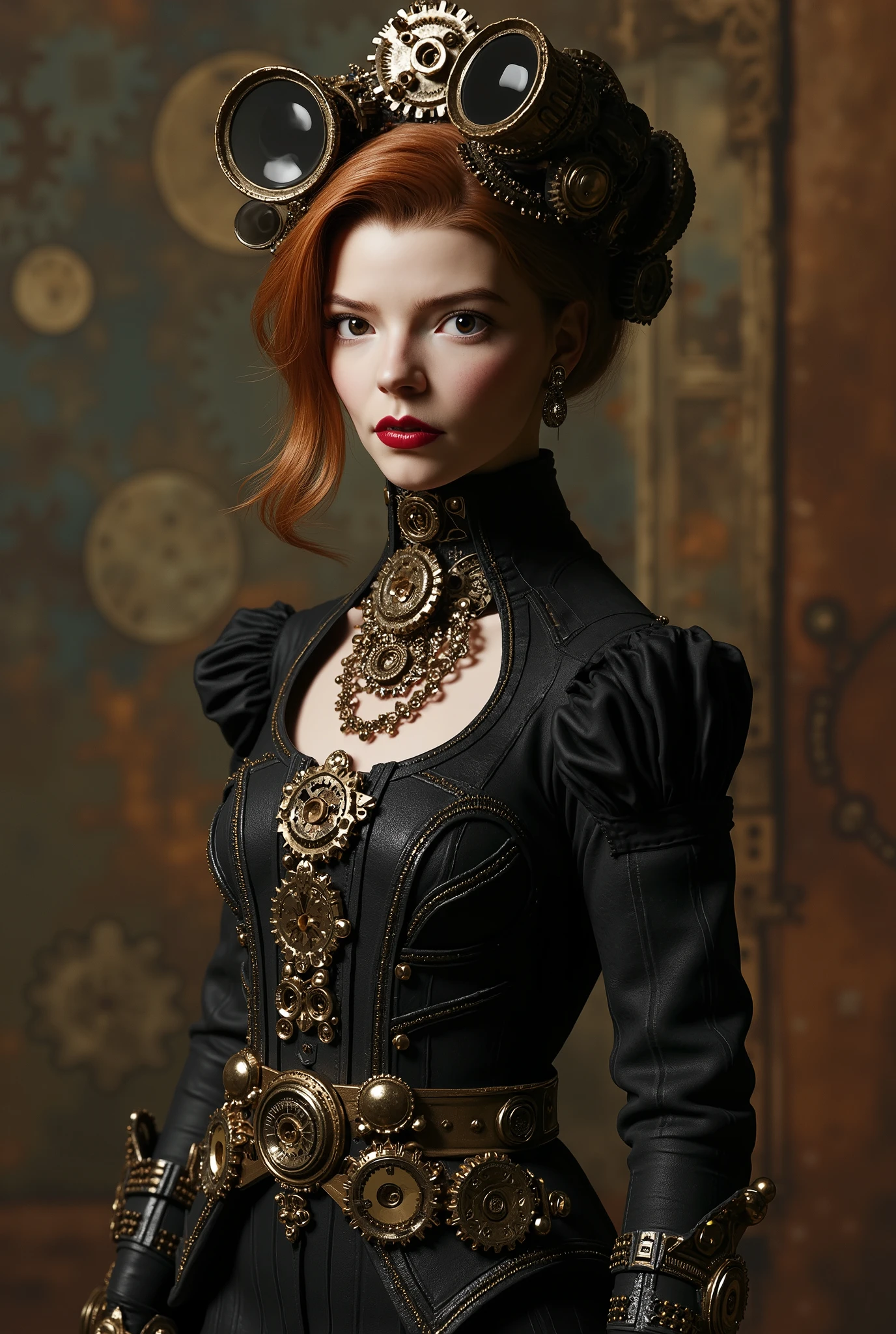 A 3D render of a hauntingly realistic portrayal best quality, highres, 4k, 8k, amazing quality, Photo full portrait of photo real. steampunk woman. steampunk background. “full body portrait