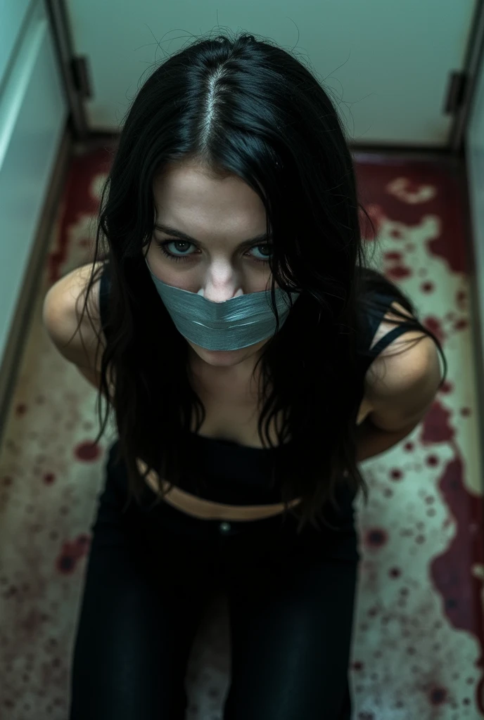 A slender man with white eyes, long black thin straight hair, This man is sodomized and has his mouth gagged, he is all tied up in a situation of sodomy.