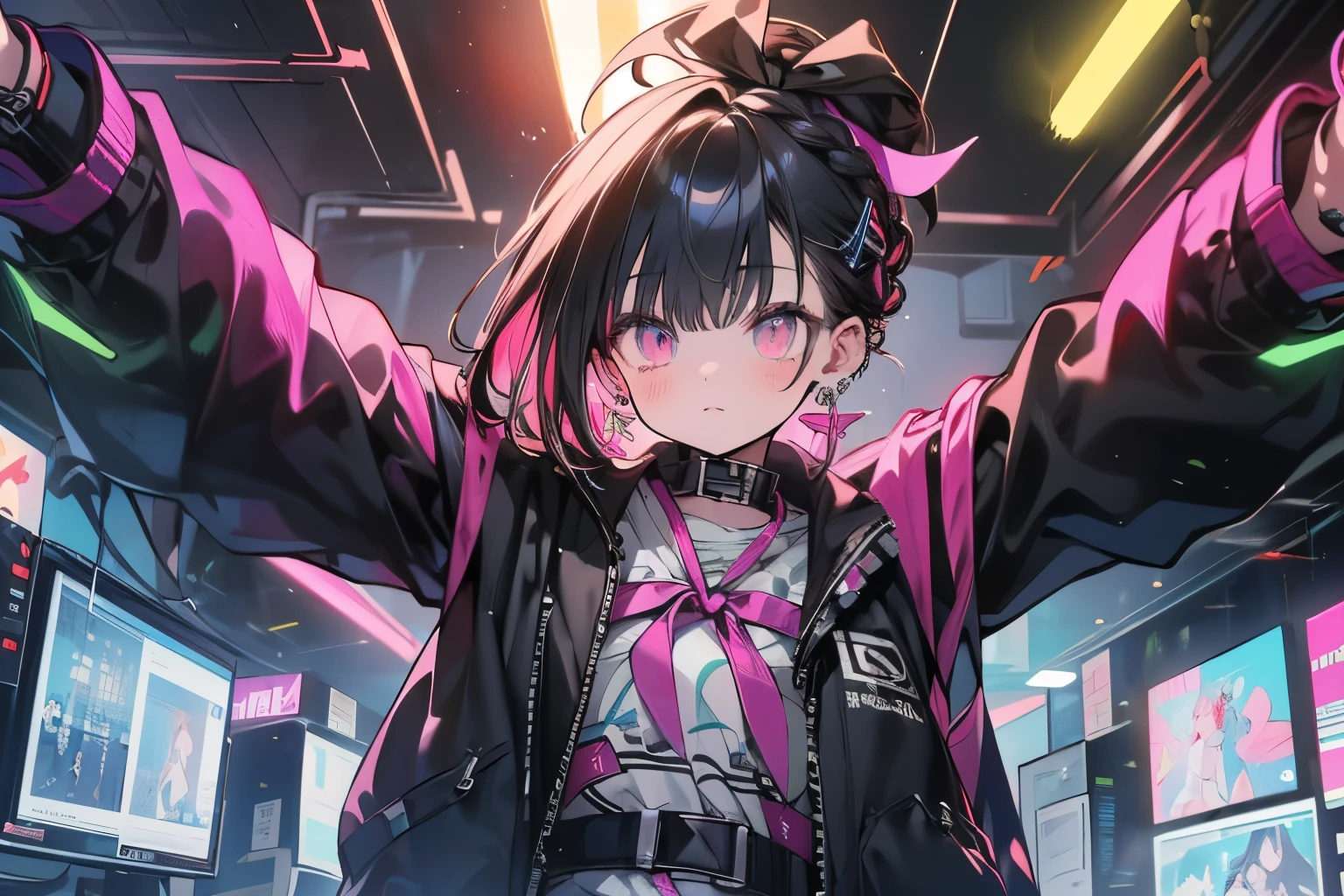 ( masterpiece,  top quality,  top quality,  Official Art,  beautiful 、refined:1.2), ( 1 girl 1.3),  very well detailed,( Fractal Art :1.1),( colorful :1.1),highest resolution in  , ( 青いネオンライトの背景とcyberpunkな街並み:1.3), ( shiny skin), (multicolor braided pattern:1.4), ,( earrings:1.4), ,(  side hair tied with ribbon  )(Cybersuit)(headphones)(Low-angle composition)( Virtual )(cyber display)(cyberpunk)