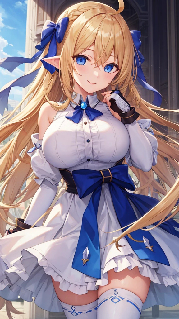 (masterpiece, best quality:1.2), 1girl, solo, blond hair, blue hairband, blue hair ribbon on the left, white-blue breast, black gloves, knight skirt, grayr background