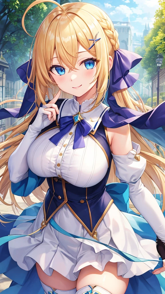 Best Quality, high resolutionolution, a woman, Focus on the woman, portrait, long blonde hair, blue royal clothing, Good posture, beautiful pose, right angle, Best Quality, Ambient lighting, ++++, high resolution, delicate and beautiful, Blue eyes, detailed eyes, SMILE, happy, happy expression, large eyes