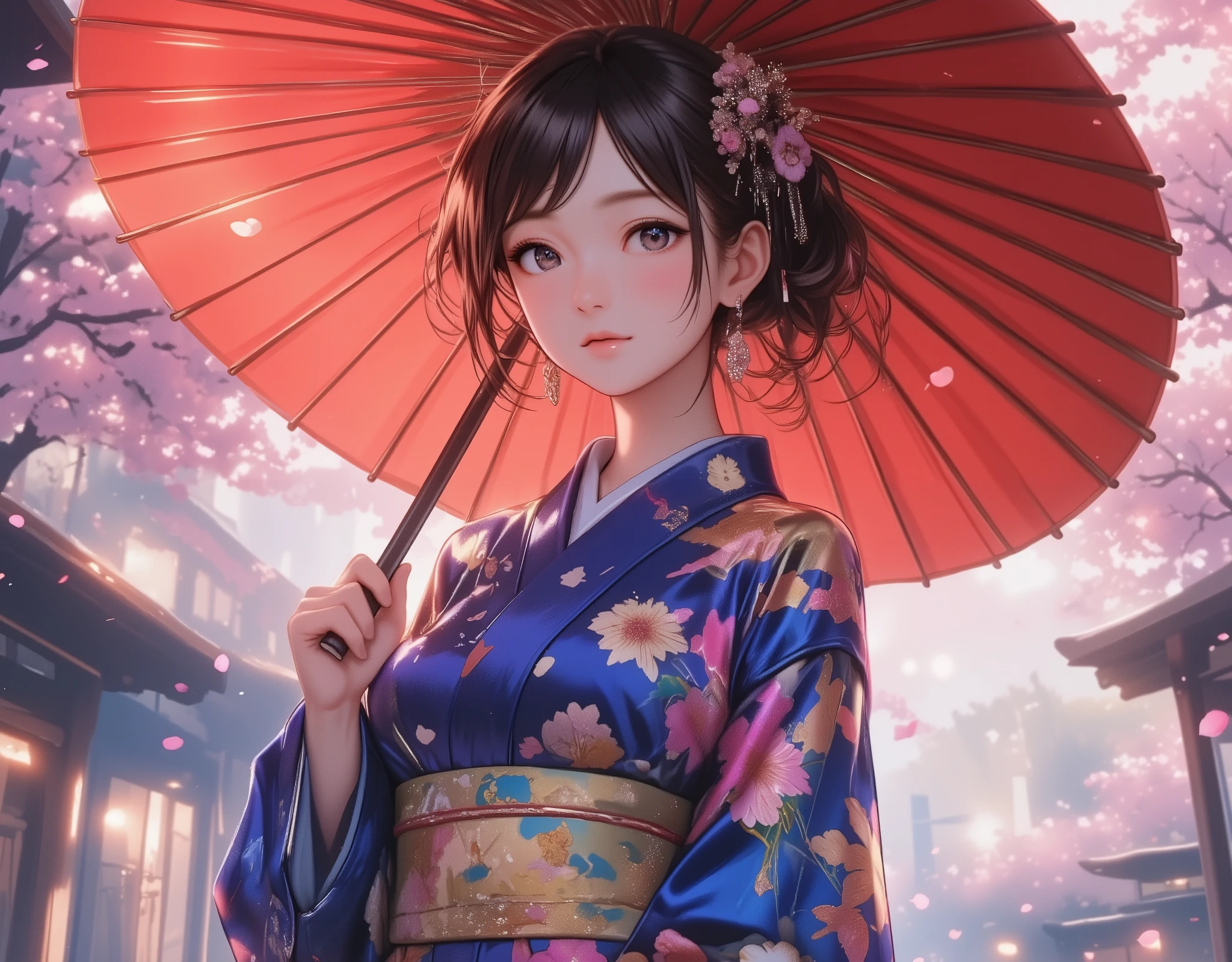Woman holding a Japanese umbrella , Nishijin Textile Kimono  , Japanese painting style, beautiful anime style portrait, Extra ,  detailed portraits of anime girls  ,  Beautiful Anime Portrait ,  beautiful anime women , digital Animation illustration,  Anime Style Portrait  ,  Additional Art ,realistic, (Beautiful Anime Girl Showing Naked Skin, large breasts, huge breasts, big breasts, uplifted breasts, well-defined breasts, Busty、deep cleavage)、anime style digital art , Animation illustration, ponytail,  Navy Blue Kimono , Background is Sakura Fubuki 