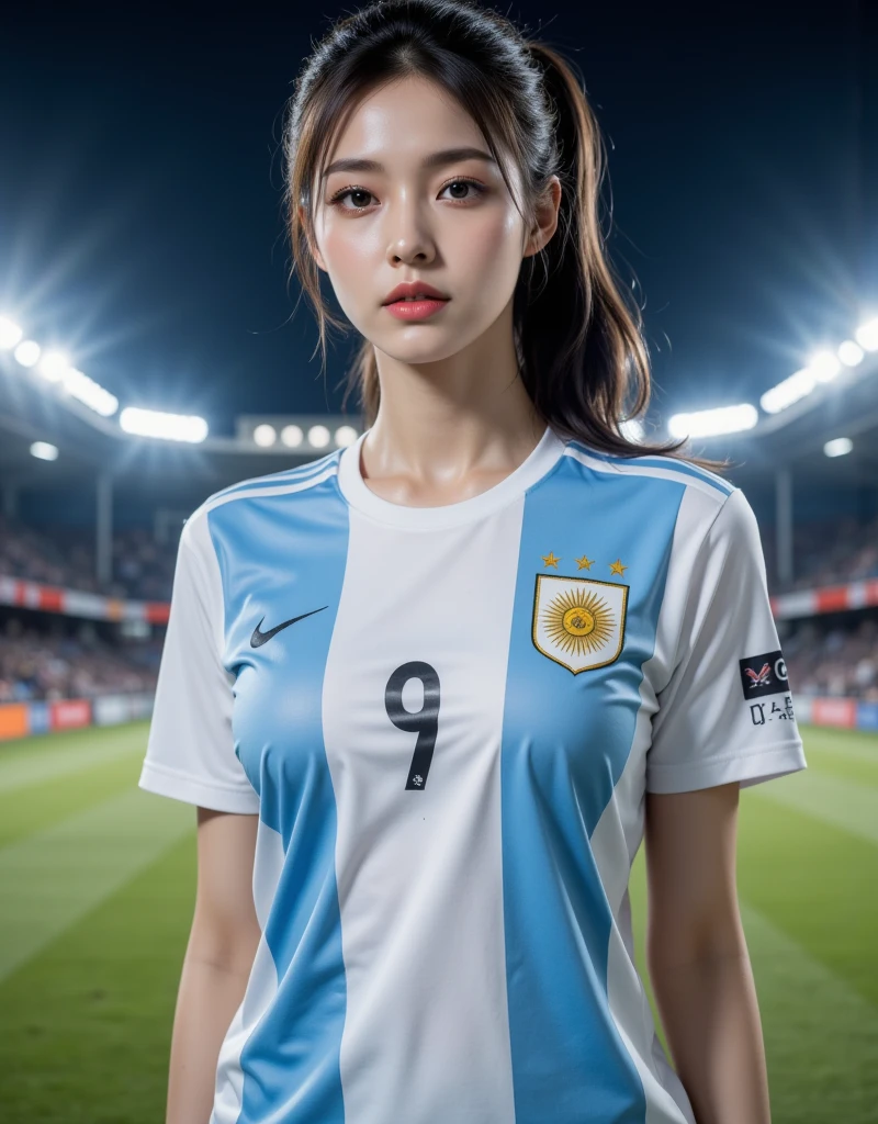 {{masterpiece}}}, hyper quality, {{{very realistic}}}, very delicate eyes, {{{best quality}}}, soccer stadium, {{Football Jerseys}}, {{{Real Madrid}}}, {{{beautiful woman}}}, {{{busty}}} night sky, light, crowd, football