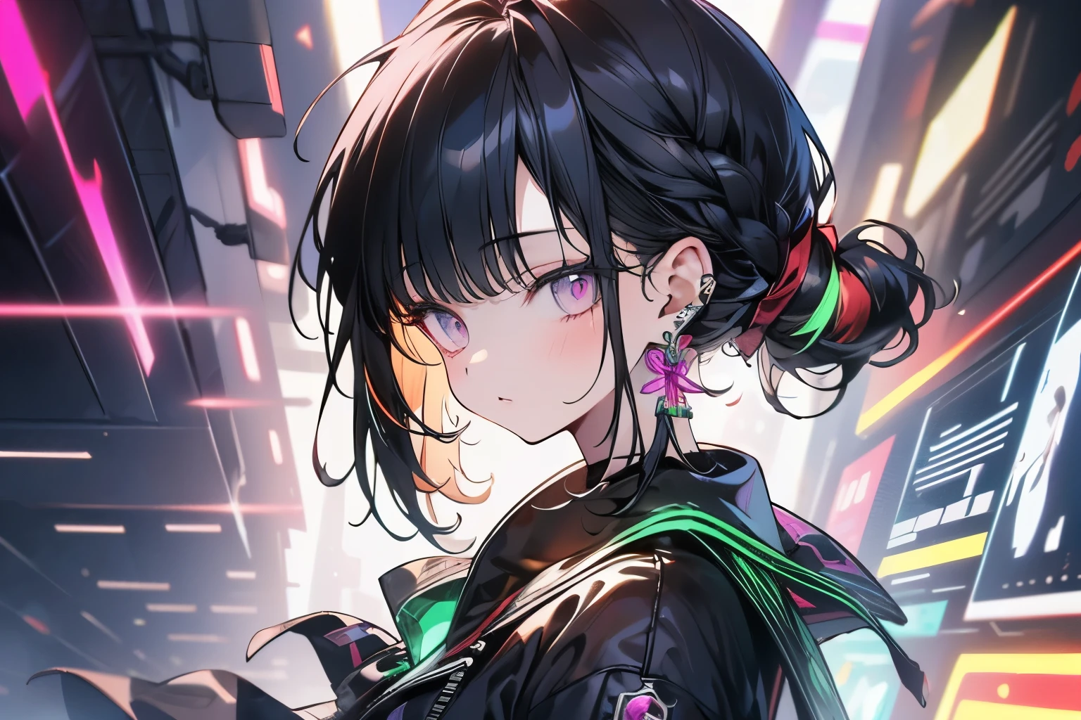 ( masterpiece, top quality, top quality, Official Art, beautiful 、refined:1.2), ( 1 girl 1.3), very well detailed,( Fractal Art :1.1),( colorful :1.1),highest resolution in elementary school , ( 青いネオンライトの背景とcyberpunkな街並み:1.3), ( shiny skin), (multicolor braided pattern:1.4), ,( earrings:1.4), ,( side hair tied with ribbon )(Cybersuit)(headphones)(Low-angle composition)( Virtual )(cyber display)(cyberpunk)