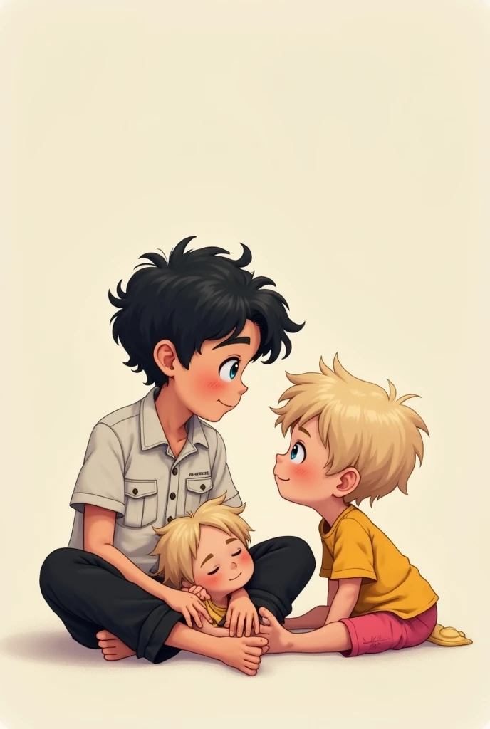 Two Boys Sit on your lap hug Abdominal muscles Pectoral muscle naked erection Shorts Embarrassing cry ソファー Black-haired boy with legs open and erecting, a bottle of medicine on his desk