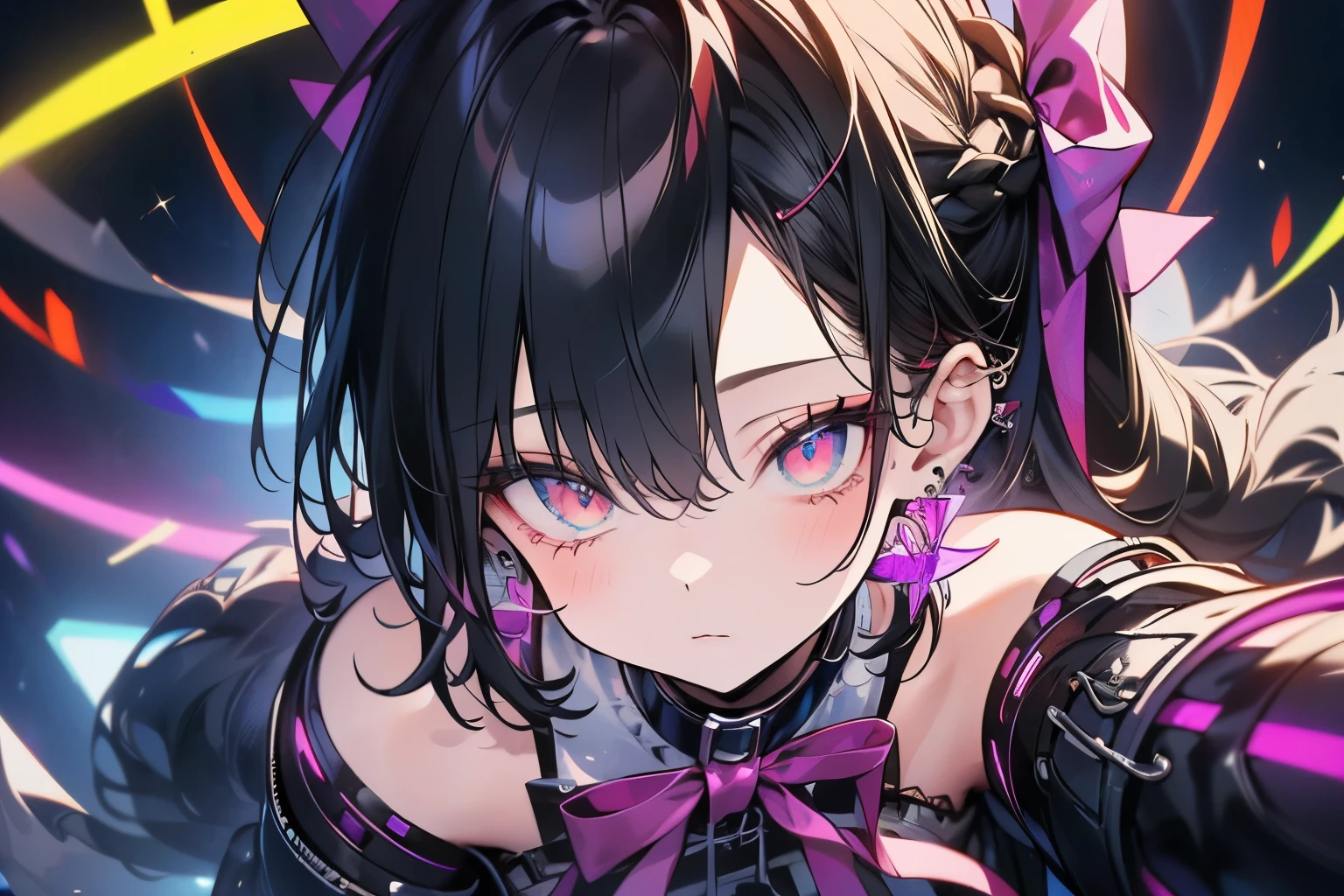 ( masterpiece, top quality, top quality, Official Art, beautiful 、refined:1.2), ( 1 girl 1.3), very well detailed,( Fractal Art :1.1),( colorful :1.1),highest resolution in elementary school , ( 青いネオンライトの背景とcyberpunkな街並み:1.3), ( shiny skin), (multicolor braided pattern:1.4), ,( earrings:1.4), ,( side hair tied with ribbon )(Cybersuit)(headphones)(Low-angle composition)( Virtual )(cyber display)(cyberpunk)