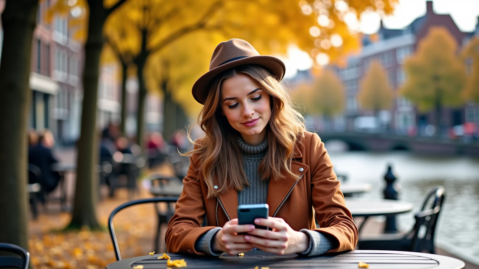 Selfie de 1 fille, leana noëlle mcfadden, 33 ans, brunette, bonnet, tresse, maquillage subtil, ennui, poitrine importante, vue d'en bas, bagues aux doigts, Brown jacket closed, collants, bottes, automne, feuilles partout, Pluie, wet floor, flaques d'eau, feuilles d'arbres jaunes, leather handbag, arbres, ultra realist, Ultra detailded, photo, assise sur un banc, Holds his Apple phone