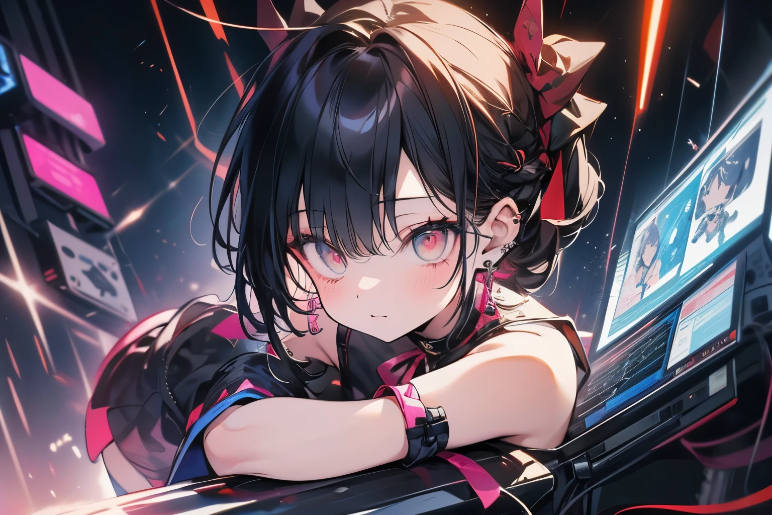 ( masterpiece, top quality, top quality, Official Art, beautiful 、refined:1.2), ( 1 girl 1.3), very well detailed,( Fractal Art :1.1),( colorful :1.1),highest resolution in , ( 青いネオンライトの背景とcyberpunkな街並み:1.3), ( shiny skin), (multicolor braided pattern:1.4), ,( earrings:1.4), ,( side hair tied with ribbon )(Cybersuit)(headphones)(Low-angle composition)( Virtual )(cyber display)(cyberpunk)( songs)