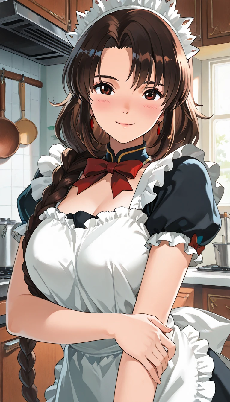 female, apron, voluptuous, sitting down, sideboob, armpit, (no pants), (witheout panties)
