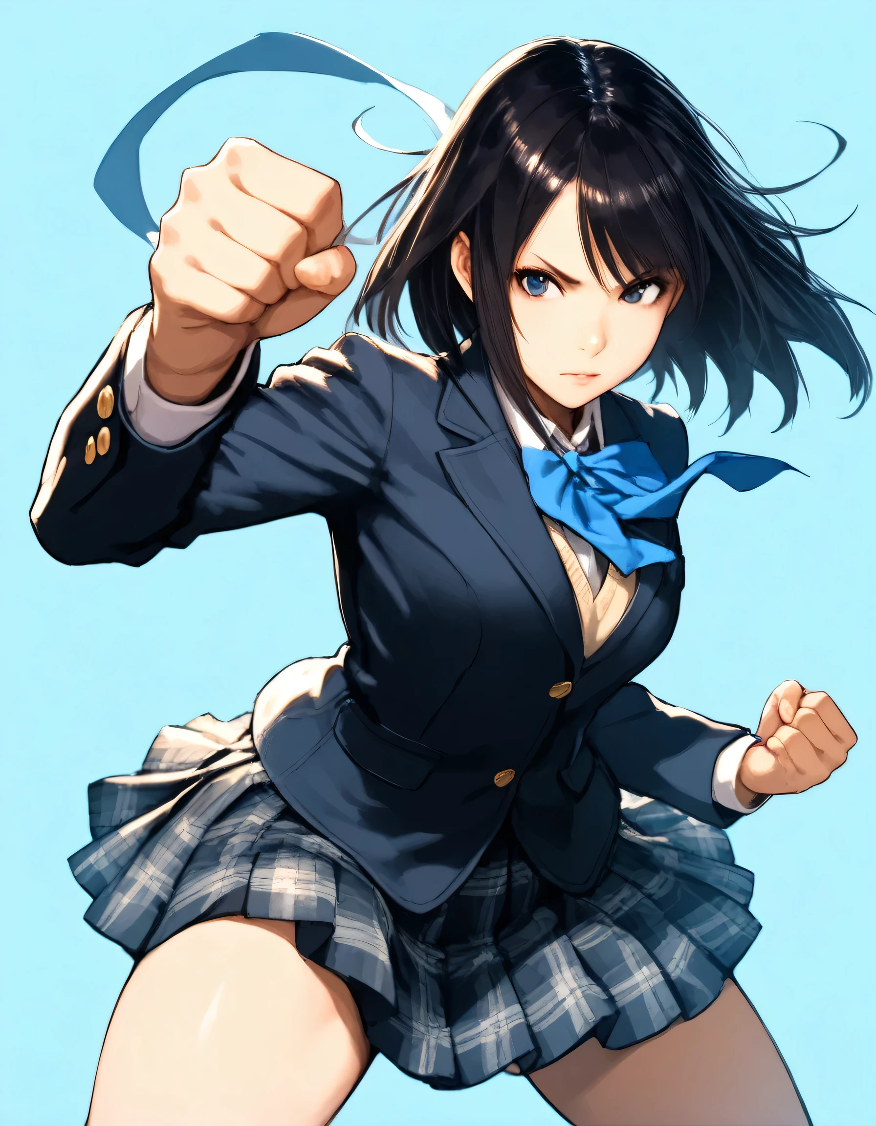 one person, Karate Stance,High Kick,Black Hair, ponytail, Slim body,Small breasts,Bad mood, Slanted Eyes, Character profile, high school student,Navy blue blazer,White blouse,Orange bow ribbon tie,Grey below-the-knee skirt,Vanishing Point, Ultra Wide Angle, Japanese illustration style, 