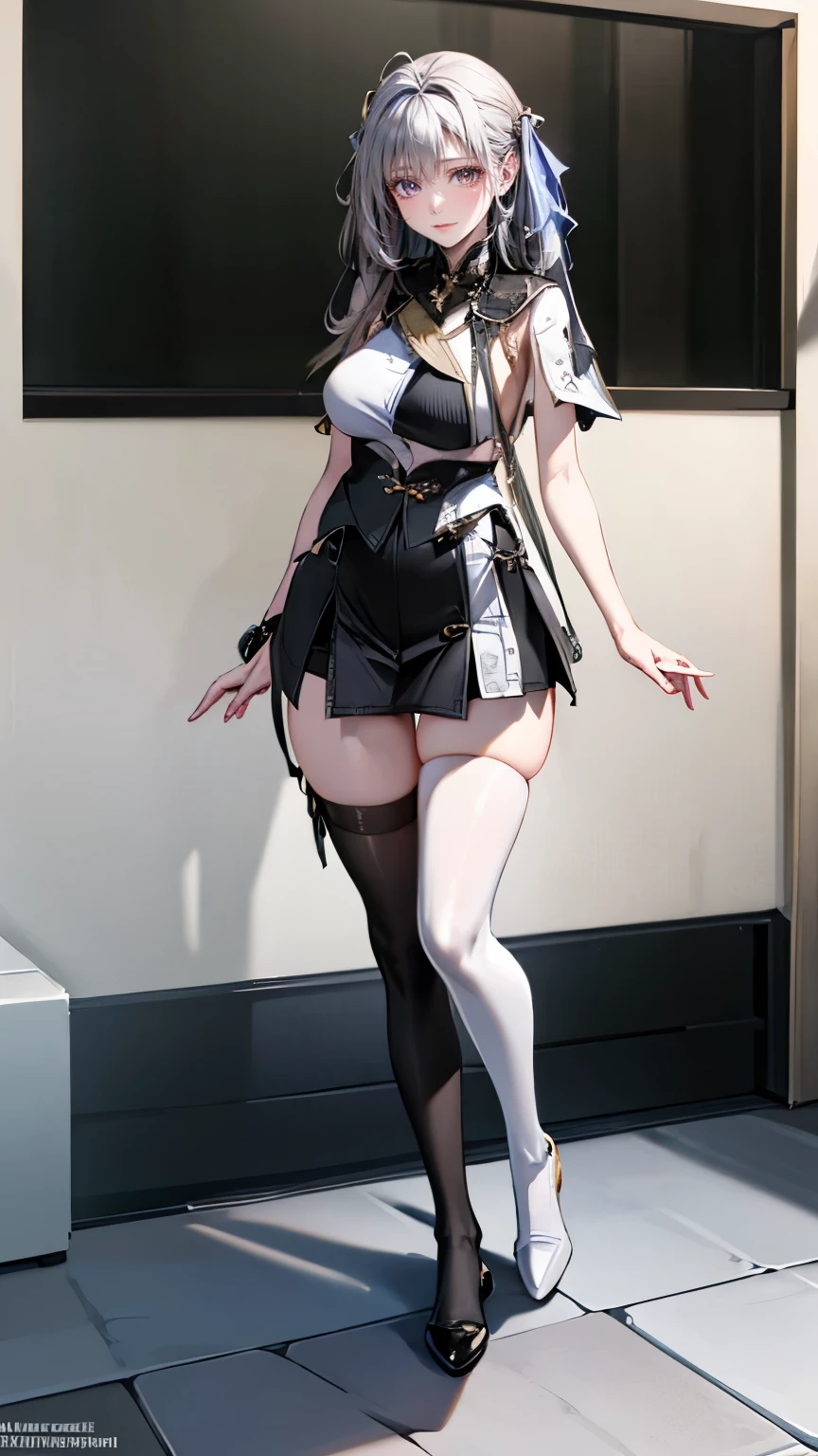 Masterpiece, best quality, 1girl, woman in  black lingerie, standing on a bed, ((arms behind back)), looking down, busty, small waist, large hips, blonde,  blushing, maid cap, from below, camer filming upward