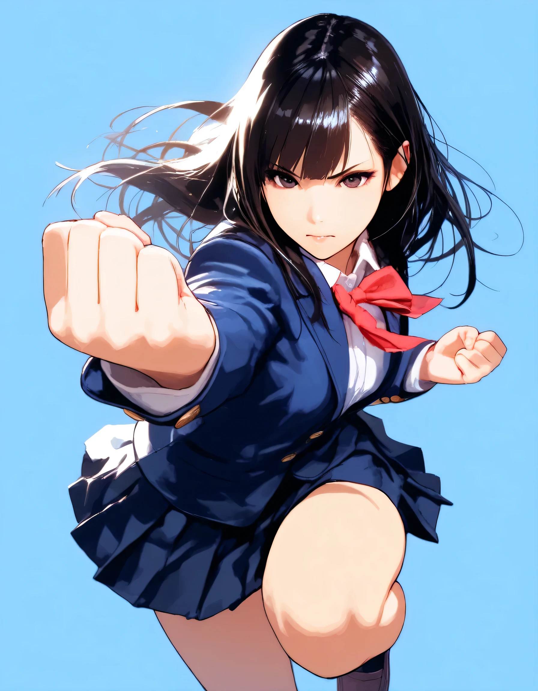 1girl, street fighter, year 2016, school uniform, blazer, fighting pose, blue background, masterpiece, high score, great score, absurdres, 16k, super detail