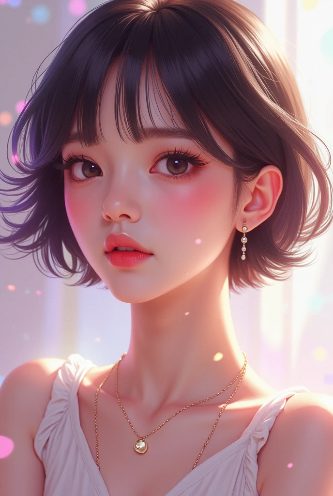 (masterpiece,best quality:1.4),(8k,raw photo,photo realistic:1.2),shiny skin,detailed skin,detailed face,detailed eyes,1girl,1 Japanese idol, (pretty baby face), huge chest with cleavage, multi-coloured short bob hair, smiling at camera, full body picture, Earrings, Happy, standing and posing to camera, full body frame,