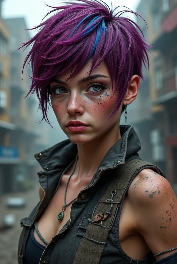 steampunk, a beautiful sad young woman outside wearing a dirty torn shirt middle of a street soaking wet, pink and purple hair, ponytails, muddy, rain, epic realistic, imperfect skin, blemishes, photo, faded, complex stuff around, intricate background, neutral colors, ((((hdr)))), ((((muted colors)))), intricate scene, artstation, intricate details, vignette