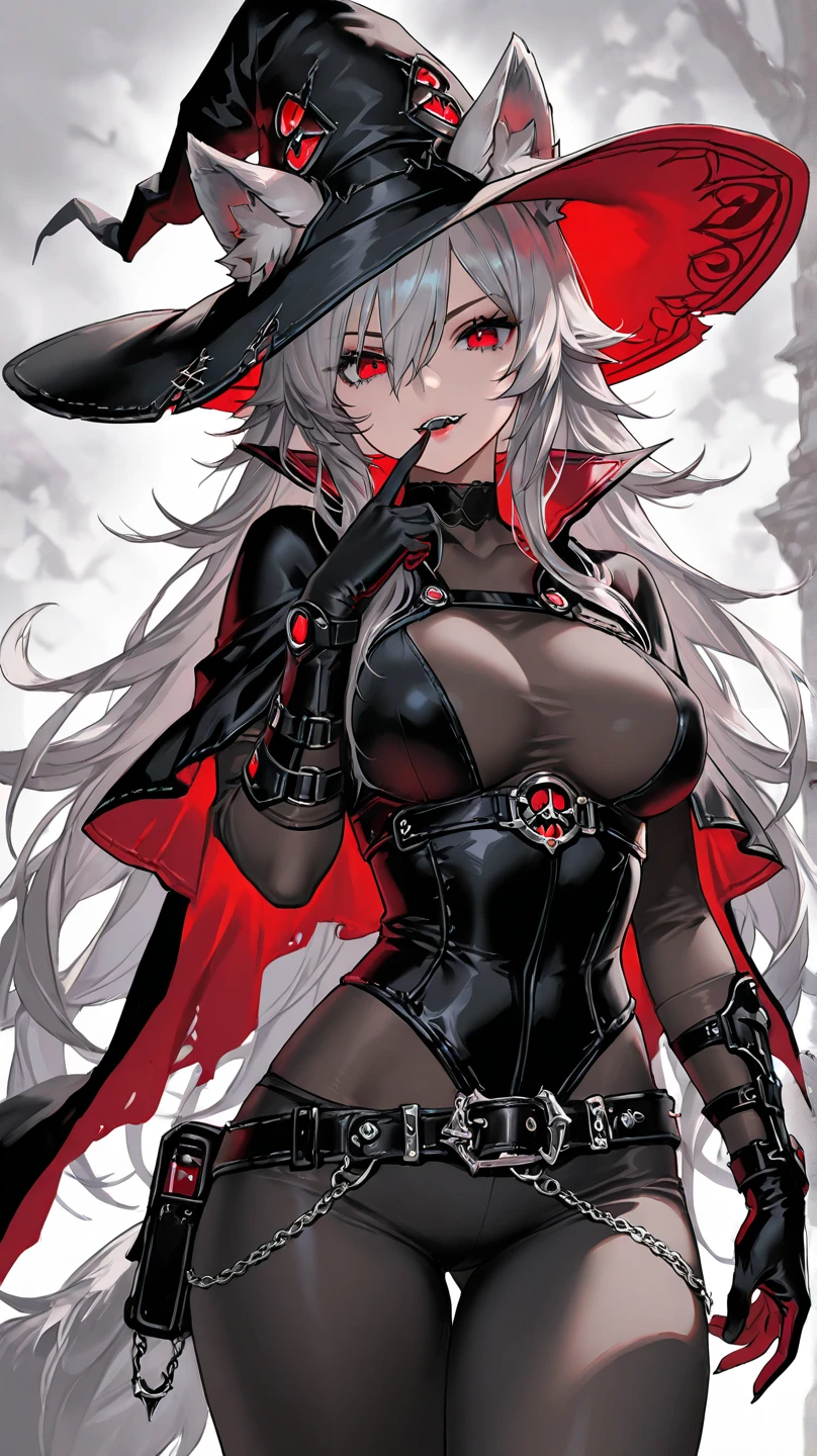 pale skin，dark风，wearing leg rings，long white hair，black eye shadow，red eyes，Abstinence，dark，goat horn，sickle，grim Reaper，sitting，succubus，Open the legs，Smile，Sticking out tongue，Battle damage，Broken clothes
