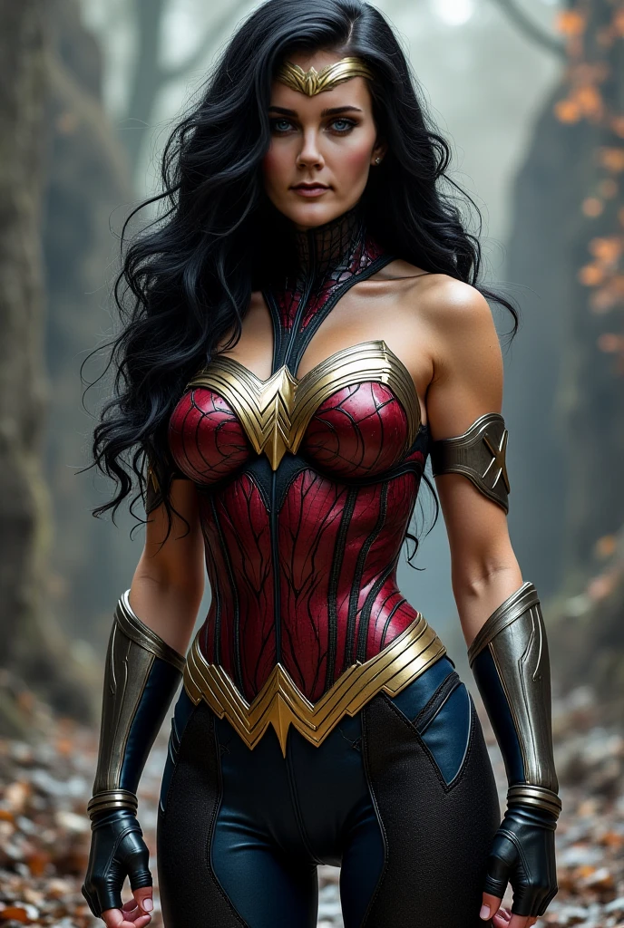 A beautiful woman with long black hair under the mantle of the Amazon warrior Wonder Woman in a navy blue leather suit that covers her entire body with tiny scales all over the suit Red Wonder Woman corset diaema in silver colored metal Silver colored metal bracelets Red boots fitted to the suit (((without cape)))