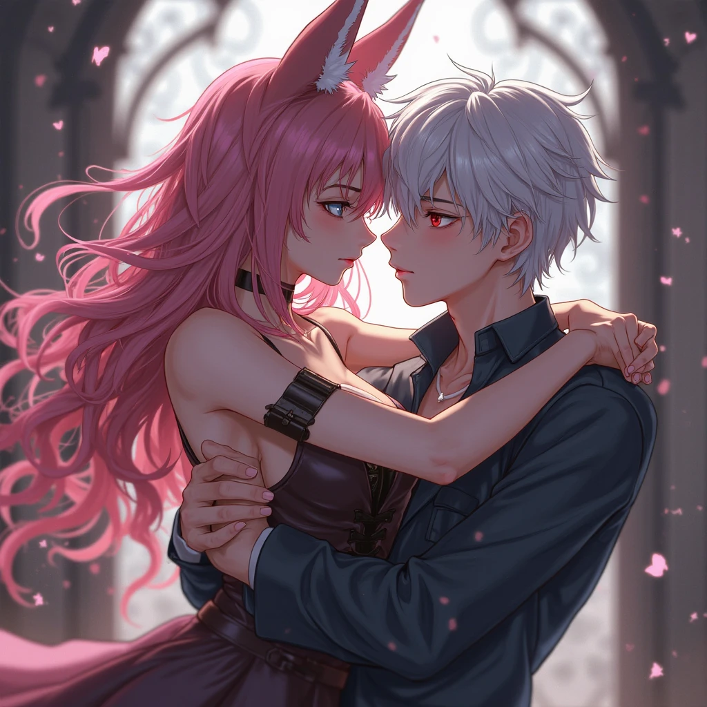 Styles, tmasterpiece, topquality, Special Details, illustartion, romance, couple,reddish, fondness, Internal force,bed,the night, in night,in night,A loving atmosphere of white and red tones, blissful, Pink hair girl, pink cat ears,pink eyes, hairlong, couple, Date, Profile of a man with white short hair,with bangs,turquoise eyes,Stylish glasses