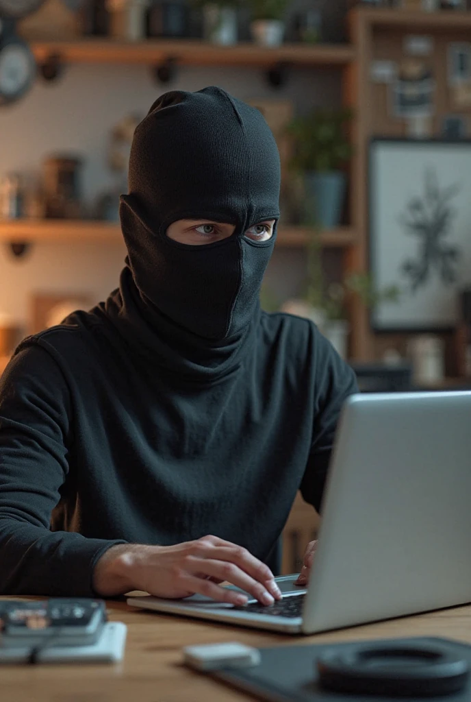 man with blindfolded eyes, he is in front of a notebook, portraying sensitivity, photorealistic image, add details to the image, cinematic