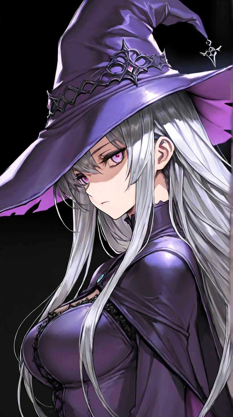 a witch wearing a bizarre mask covering her entire face, a monocle, black gothic dress, guarda chuva roxo, wide-brimmed hat, sombrio, cinematic lighthing, Epic composition, extremamente detalhado.