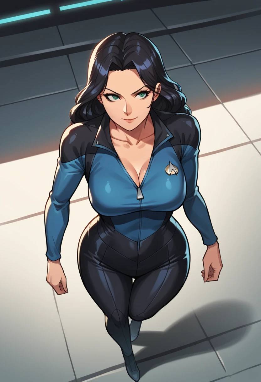 masterpiece, high quality, best quality, 1girl, solo, (muscular female:1.0), (super gigantic breasts:1.0), (closed mouth, half smile), harah, long hair, brown hair, blue eyes, dark skin, large breasts, earrings, (black and blue color-blocked bodysuit:1.50), (((blue on the sides and black on the middle of the bodysuit:1.5))), lips, blue sclera, anime screencap, anime key visual, (fully clothed:1.0), full body <lora:Harah:1.0>
