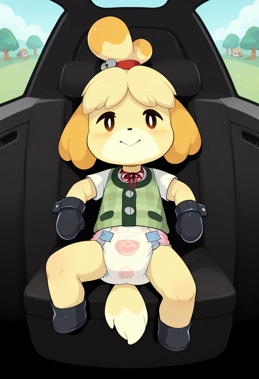 ((Rabbit)), animal crossing style, cute , chibi, small, small paws, small feet, wearing (diaper), ((big diaper)), ((diaper that shows the rabbit ballsack outline)) , ((diaper showing a outline of the rabbit ballsack and penis)), (cock), ((big cock)), ((big penis)), leather wrist, cuffs, leather ankle cuffs, padded leather mittens, prisoner collar, sit on baby car seat, tied to baby car seat ,