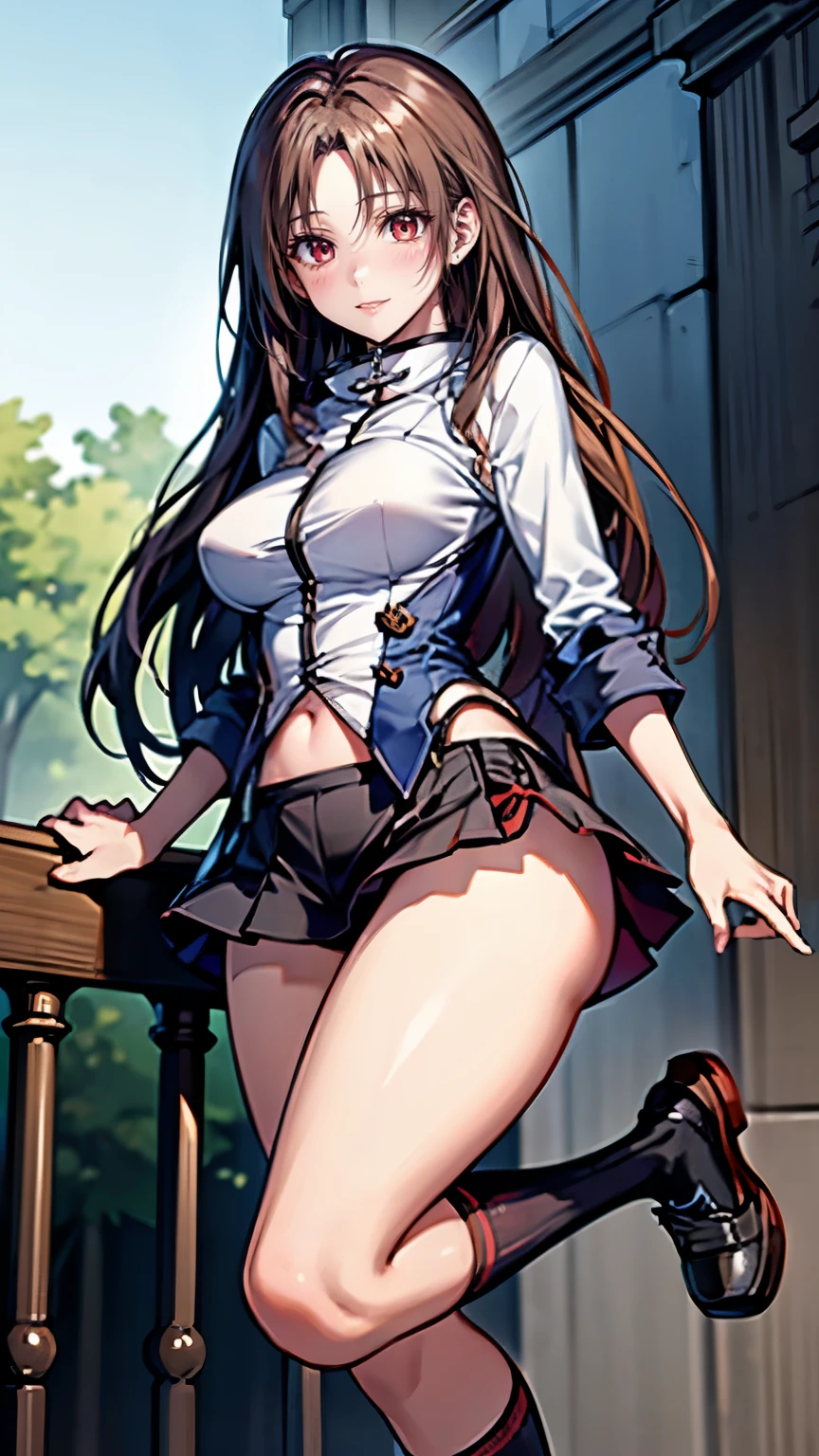 Asagumo KC, (white) shirt, (suspenders) skirt, (hair) ribbon, (pleats) skirt, (gray) skirt, (black) Thighhighs, shoes, twin tails, arm warmers, 1 girl,茶hair,nsfw,((panties))((bra))