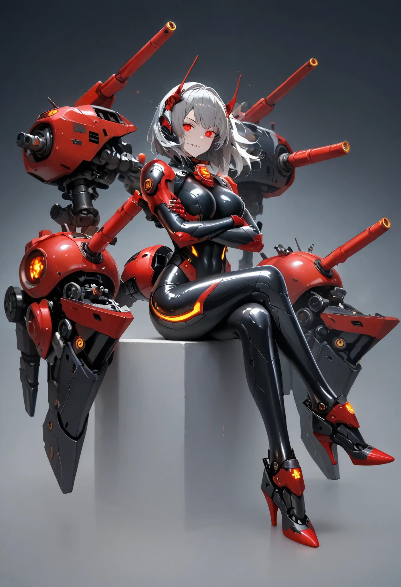 Mechanical Weapon Girl. (Close-up)Full body bodysuit. Latex. Cyber wind. Light armor. A look of contempt. Grey hair. Breasts perky. Glowing red eyes. Glowing core. A mechanical monster in the background. large sharp claws; Mechanical Fang. Red and black machine. Battleship. Sit down. Cross legs. Arms crossed. A swarm of mechanical insects.