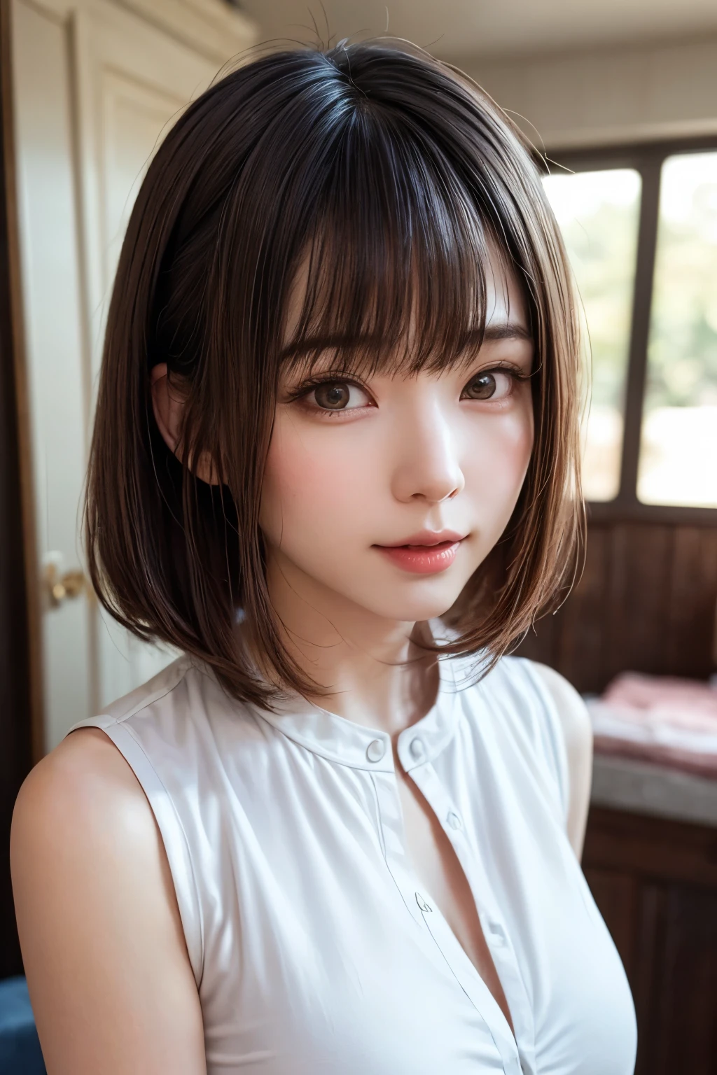(Tabletop:1.3), (8k, Realistic, RAW Photos, Highest quality: 1.4), Japanese, (One Girl), Beautiful Face, (Realistic Face), (Black Hair), Beautiful hairstyle, Realistic eyes, Beautiful attention to detail, (Realistic Skin), Beautiful Skin, Charm, Ultra-high resolution, Surreal, Very detailed, Golden Ratio,school uniform.blush、Bobcut、Loose and fluffy hairstyle、Drooping eyes、Emphasize the cleavage