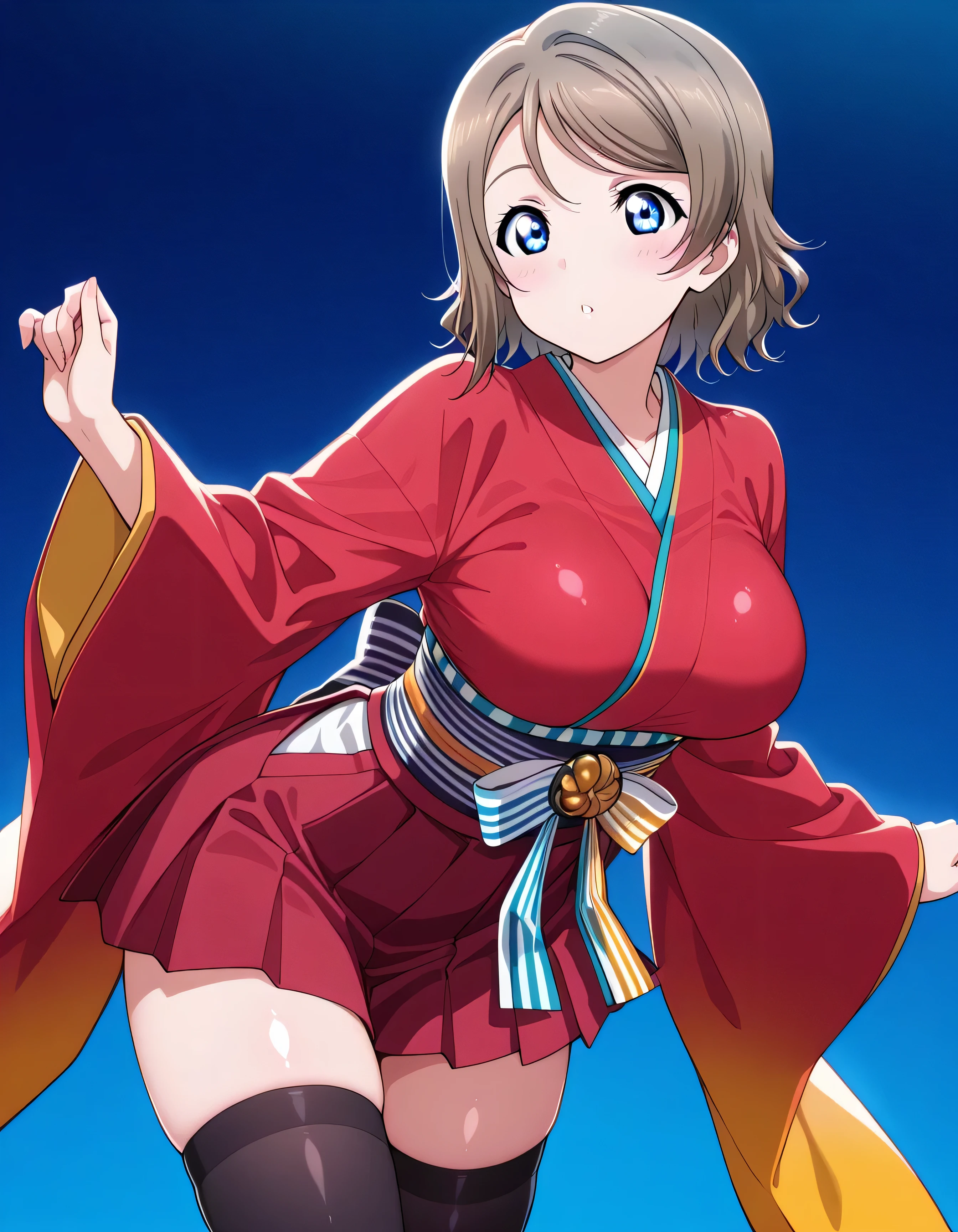 masterpiece, best quality, girl, beautiful face, clean skin, shiny hair, shiny skin, beautiful face, perfect eyes high quality shine, best quality, very aesthetic, absurd, perfect body quality, beautiful curves, perfect, you watanabe, blue eyes, brown hair, short hair, swept bangs, large breasts, cosplay, alternate costume, taihou \(azur lane\) \(cosplay\), skirt, thighhighs, long sleeves, pleated skirt, japanese clothes, striped, black thighhighs, wide sleeves, kimono, zettai ryouiki, sash, red skirt, obi, hakama, hakama skirt, hakama short skirt, red kimono,