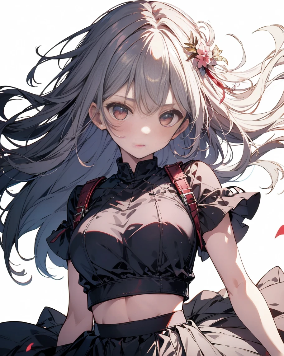 (best quality, 8k, masterpiece:1.2, nsfw,ultra-detailed,realistic,photorealistic),Cutest,Cute girl,solo,mesugaki,Beautiful face,Beautiful eyes,Beautiful hair, red_eyes, sakamata chloe, garter straps, black fingerless gloves, torn thighhighs, grey hair, multicolored hair, plaid skirt, streaked hair, cleavage, x hair ornament, black hair, red skirt, black collar, white camisole, medium breasts, braid, black belt, medium hair,tucking up the skirt,Show panties,break,from below looking up,