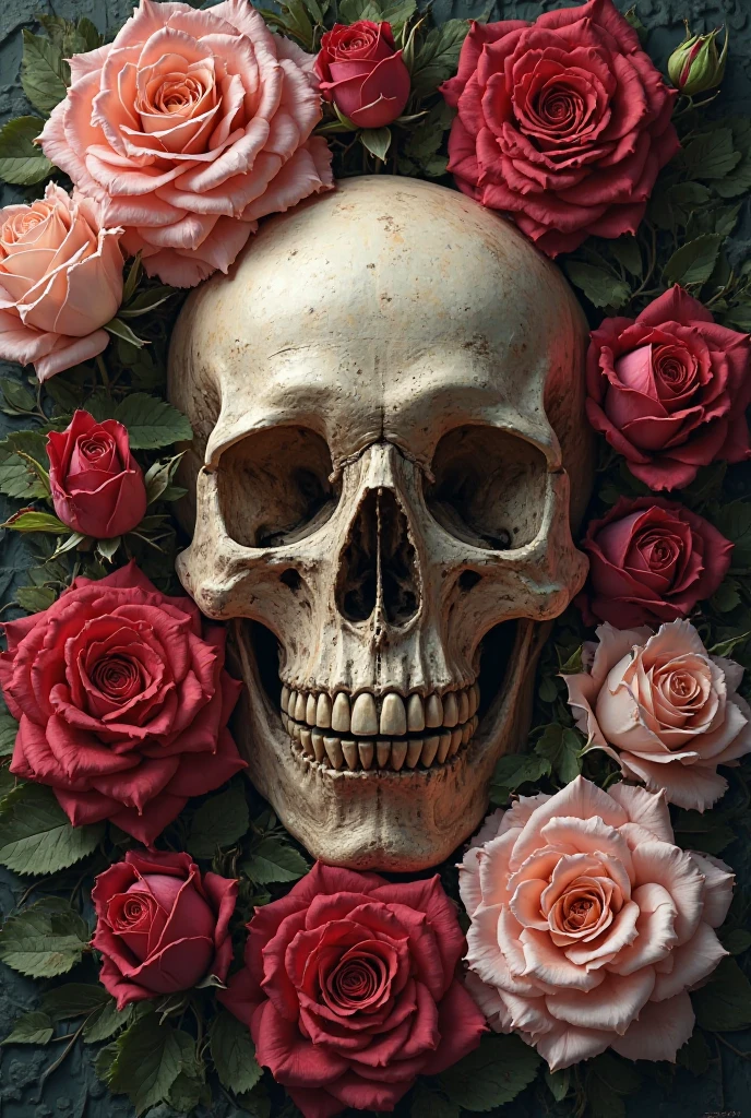 there is a skull and a bunch of red roses on a black background, skull made of red roses, skull bones flowers, translucent roses ornate, morphing skulls, by Anna Füssli, red neon roses, sacred skulls, by Serge Sudeikin, adorned with demon skulls, crown of roses, by Galen Dara, skulls around, sacred skull
