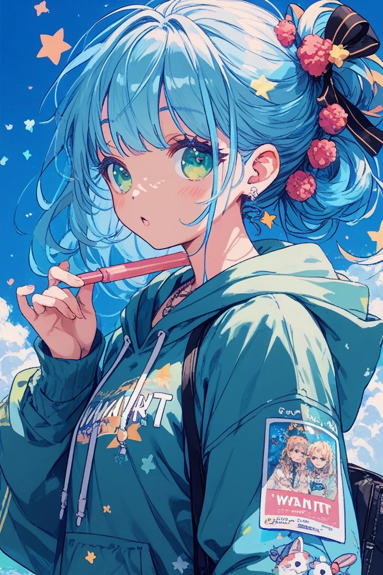light blue hair tied at the top、 mint green eyes、The color of the hoodie is light blue and light green、cute、 funny personalities 、A lively 