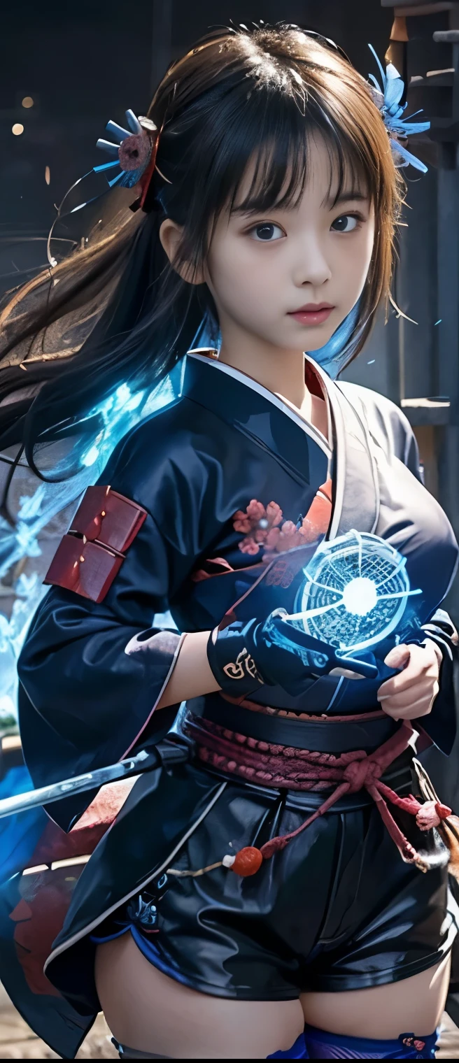 Pure Samurai Idol Girl、A pure girl's face、 hypo、Black tight shorts、Blue Flame Kimono Jacket、、Glowing Blue Flame Japanese Sword、Samurai Belt、fishnet tights