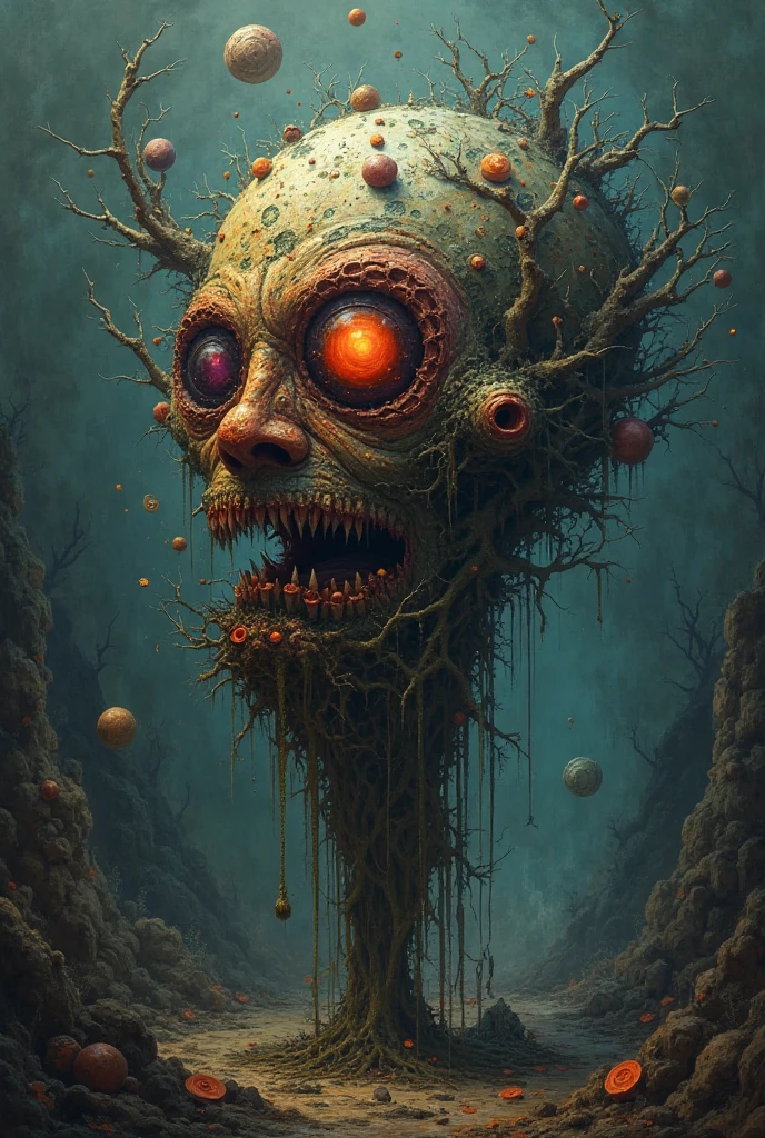 A stunning 2D portrait of a zombie holding a brain, created with brilliant rendering, reminiscent of Gorillaz art. The decay and necrosis are intricately depicted, with vomit and splash elements adding to the unsettling atmosphere. The composition is illuminated by a combination of orange and cian lighting, enhancing the surreal feeling of the piece as the zombie appears to be coming back to life. Vibrant colors bring the gore and detail to life in this beautifully rendered, gruesome masterpiece. The germ of this art piece, brought to fruition using Indigo renderer, is a testament to the fusion of beauty and horror. Lich and mutated forms