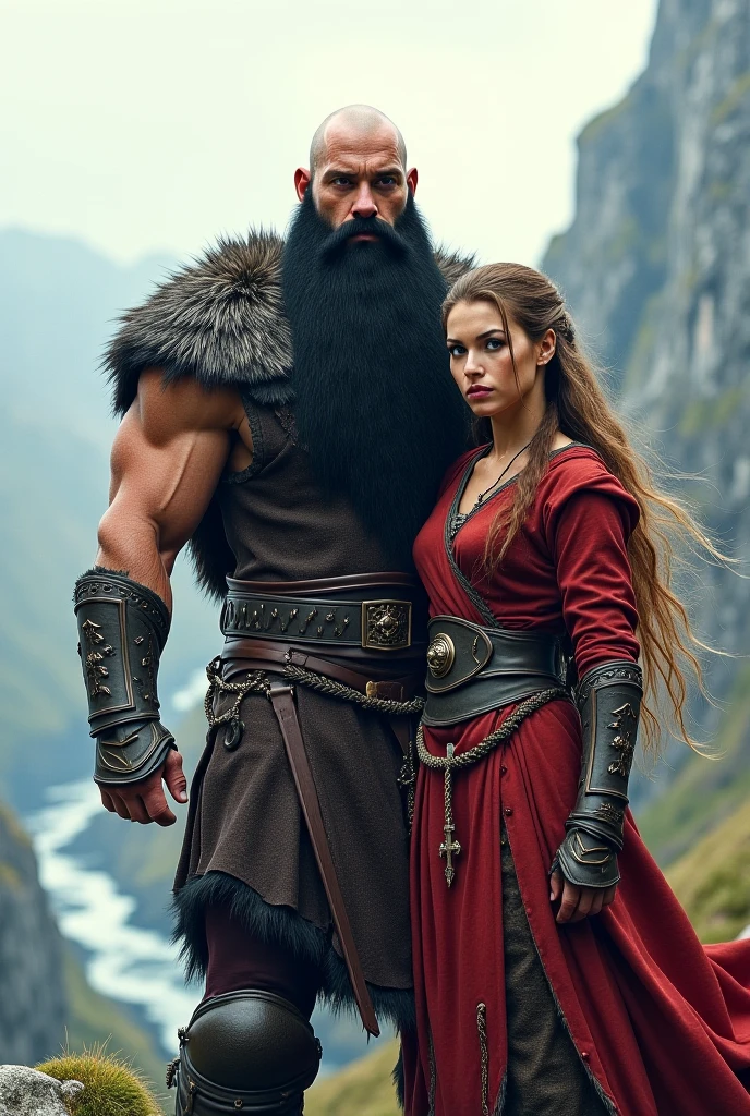 (photorealism:1.2) young Asian man with buzzcut and a full viking beard with one blonde skinny girl on his shoulders and another skinny brunette at his feet