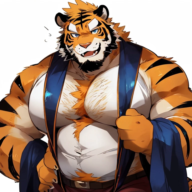 An anthropomorphic tiger with a fluffy, lustrous deep orange mane, with hints of cinnamon and amber.

Dressed in traditional Japanese costumes and a humanoid mouse，Wearing hanbok，Fierce

((abundant hair on the chest up to the navel)) hairy

 His face is rounded and adorable, with lively eyes and a playful expression.

Casual shirt, casual shorts

 ((A medium long beard covers his chin, giving it a wise and distinguished appearance.))

((Ponytail, ponytail)) Beard beard

His body is strong , but with a slight touch of fatness that gives it an attractive appearance of "dad bod. 

The stripes on its fur are thick and pronounced, creating a captivating pattern. 

The tiger&#39;s posture is relaxed and confident, with a mischievous smile

A fluffy tail swings behind him, completing the image of this imposing and cute anthropomorphic character". 



5 fingers

 His expression is cute , with narrowed eyes and a mischievous smile.

His gaze is cute and captivating., as if inviting the viewer to come closer


Assassingamer33,

Zoe-Oneesama, SpiritedArt,

Myrntai, StudioAzurine,





CookieVonCookie] prompts,  by hyaku,

CookieVonCookie]"ultra-detailed,extremely detailed eyes and face,longeyelashes,intricate details,highly detailed , detailed prompts,  by hyaku, by Darkgem, por mapache21