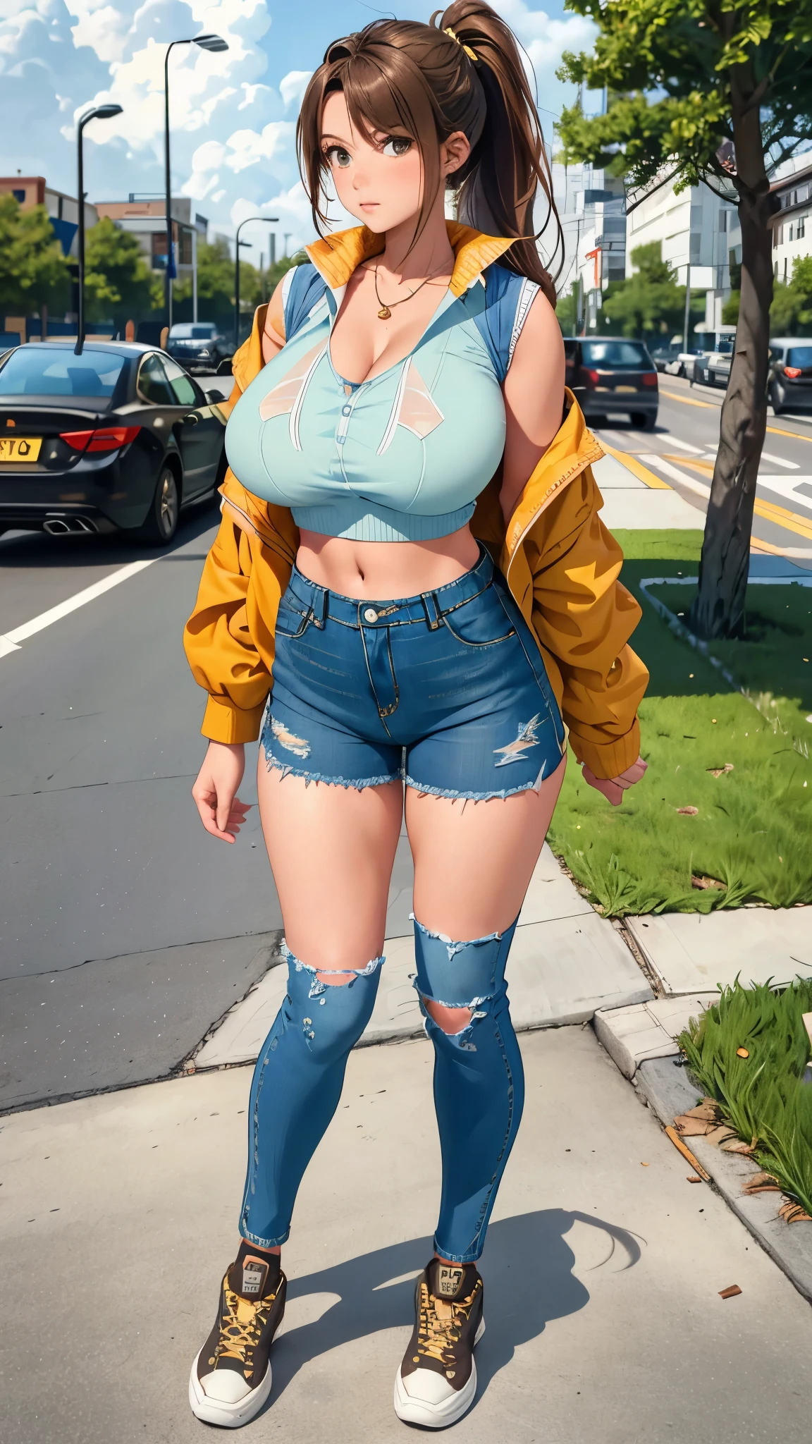 there is a woman with long hair wearing a green sweater and overalls, 18 years old, 2 , 🤤 girl portrait, 2 2 years old old, 1 6 yearsears old, a youman, 21 years orl, with short hair, two pieces bikini,change clothes into bilini, big tits,big boobs